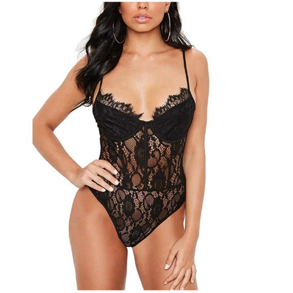 Snap Crotch Sexy Eyelash Floral Lace Lingerie
